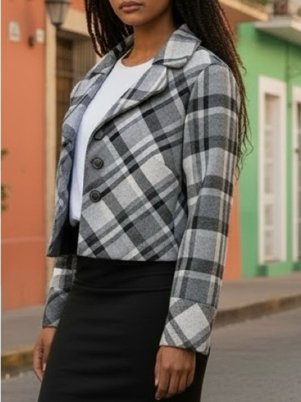 Nine West Gray Plaid Cropped Blazer